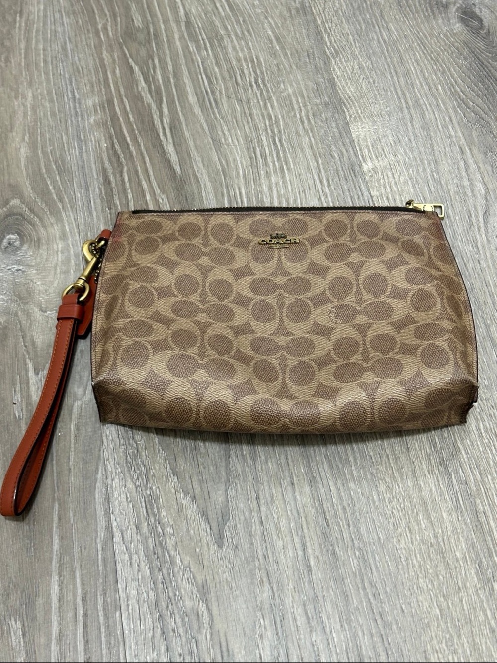 Coach Charlie Signature Canvas Wristlet in Brown with Tan Strap